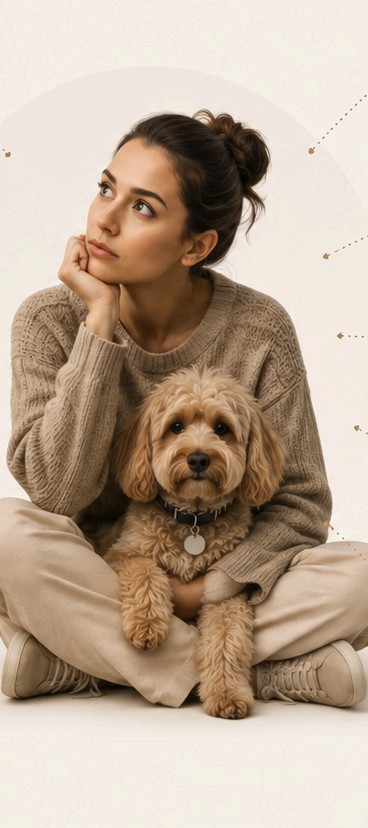 A pet parent sitting with her dog, surrounded by the many disconnected services she uses